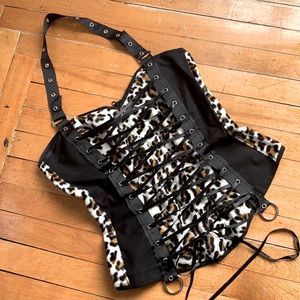Fuzzy Leopard Print Bustier with front corset lacing, pin-up, goth, lolita 🦇NEw